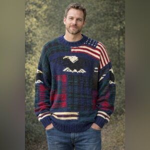 Men’s Embassy Row Hand Knits American Flag Eagle Patchwork like Design Sweater L